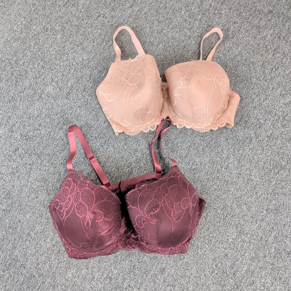 RB Luxe Women Bra Lot 2 40C Nylon Blend Burgundy Nude Floral Lace Underwire Full